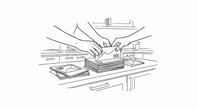 Two hands work together to put an envelope into a stack of mail