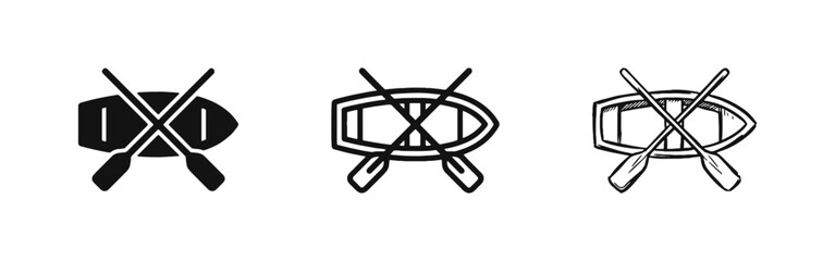 Rowing Boat with Crossed Oars Icon Set - Water Sports and Recreation Symbols © drawing lines