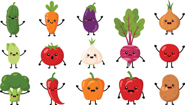 Cute cartoon vegetable characters collection with smiling faces including carrot tomato pepper broccoli onion and more isolated vector illustration set