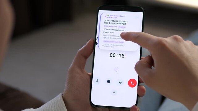 Seamlessly submitting a marketplace return request for defective electronics. High-quality UI or UX footage showcasing mobile refund process and customer support call. Ideal for retail tech, e