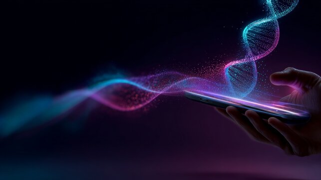 A hand holding a cell phone with a blue and purple swirl on the screen