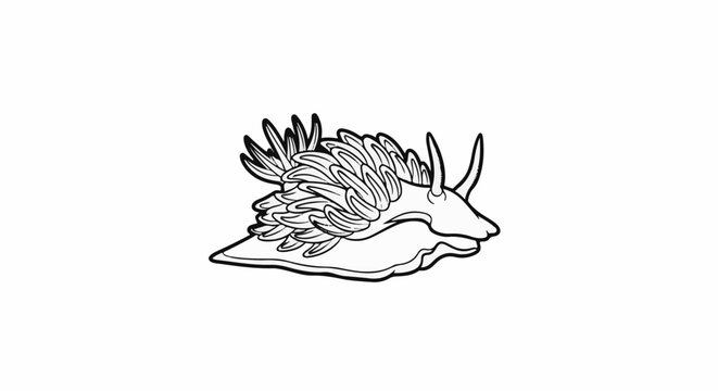 Stylized black and white outline drawing of a nudibranch with frilly back and horns