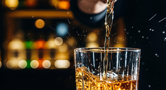Pouring whiskey into a glass with splashes in a bar setting  