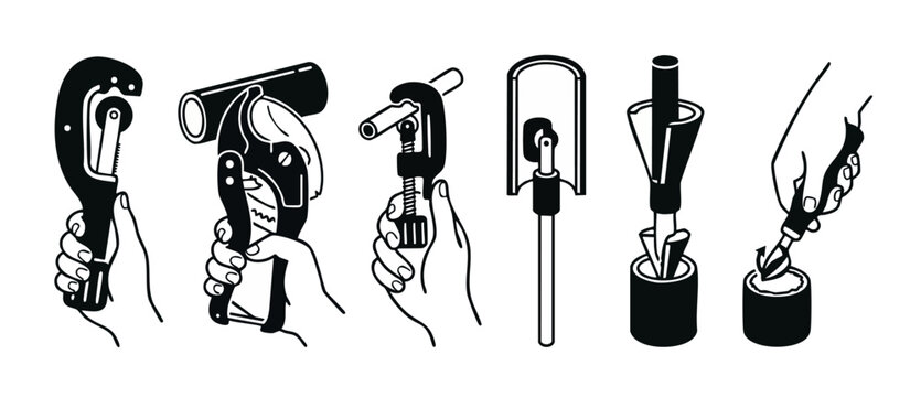 Pipe Cutting Tools and Plumbing Equipment Icon Set, Hand Holding Industrial Pipe Cutters, PVC Cutter, Reamer and Deburring Tools for Professional Plumbing Maintenance, Minimalist Black and White Vecto