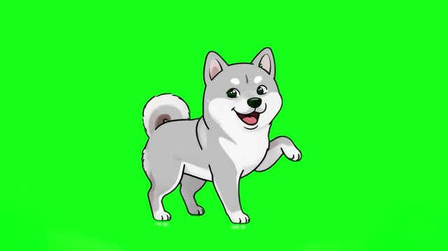 A cute grey and white Shiba Inu dog character in a walking pose. Hand-drawn animation style with a happy expression, isolated on a chroma key green screen background for video editing and lip sync ani