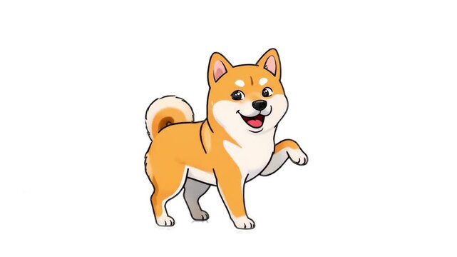 A joyful 2D stylized Shiba Inu dog character standing on its hind legs and dancing. Perfect for pet-related marketing, meme-style content, or children's animations.