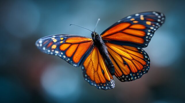 A butterfly with orange wings flies through the air