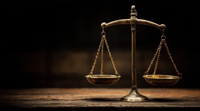 Balance of Justice: An antique golden balance scale symbolizing fairness, equality, and the pursuit of justice, set against a dark, textured backdrop.