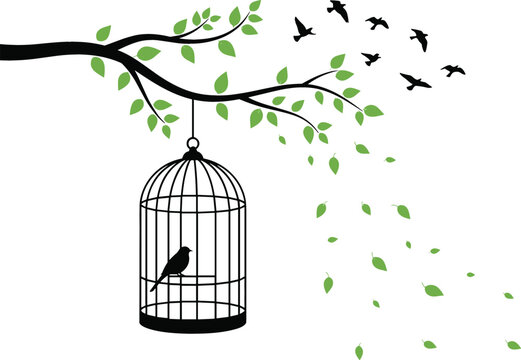 Conceptual illustration of freedom with bird escaping cage hanging on tree branch, flying silhouettes and falling leaves minimalist vector design