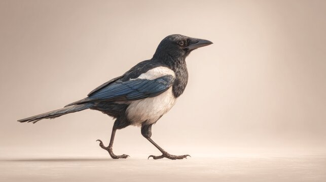 A black and white bird with a white belly walks across a white background