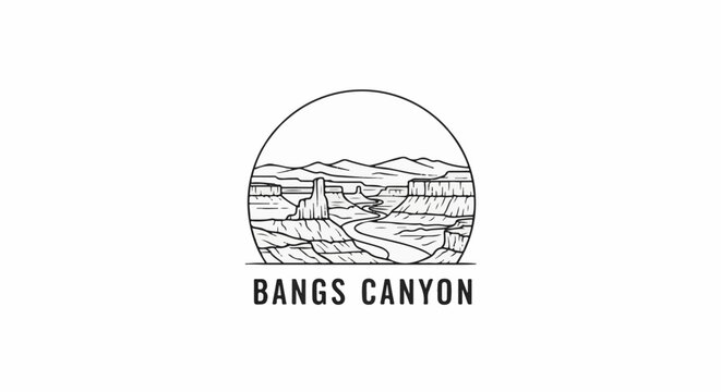 Stylized line art circular emblem of a dramatic canyon landscape and mountains