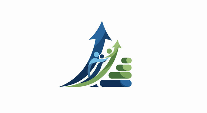 Two stylized figures ascend upward arrows symbolizing progress