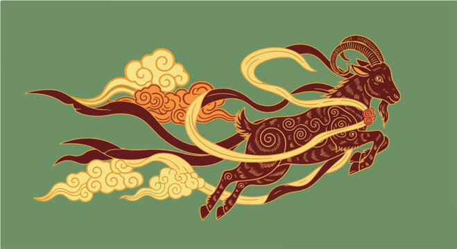 Elegant vector illustration of a jumping goat stylized with traditional chinese patterns and flowing cloud elements