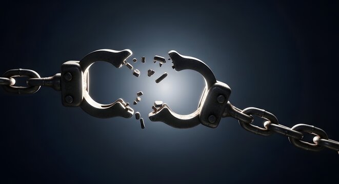 Emancipation Day symbolized by broken handcuffs and chain on dark background