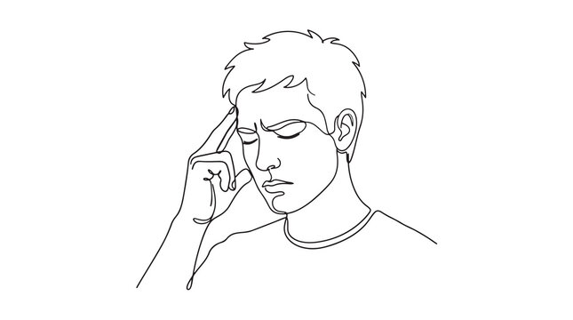 A man experiencing a headache, depicted in a minimalist single-line drawing, conveying pain and discomfort