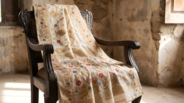 A decorative wooden chair with a floral patterned shawl draped over it in a rustic room with stone walls