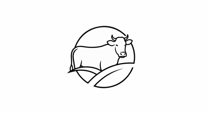 Stylized line art of a cow standing in a circle with leafy hills
