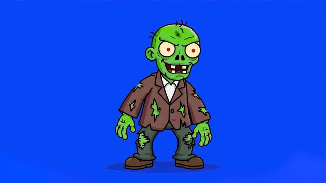 Hand-drawn style illustration of a green zombie character wearing a ragged brown suit. The character features wide eyes and a classic undead expression, isolated on a solid blue background for video o