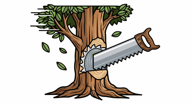 Tree being cut with a saw, leaves flying, wood chips flying, motion effect