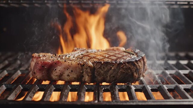 A close-up shot captures a piece of meat sizzling on a grill over glowing embers, showcasing the cooking process and the enticing aroma of barbecue.