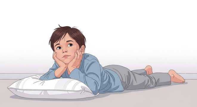 Child hiding under blanket in bed at night, flat style illustration of childhood nightmares, fear of dark and anxiety concept with copy space
