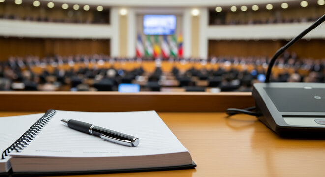 Conference table with notebook and pen in debate chamber setting  