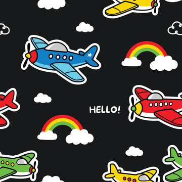 Cartoon Airplanes and Rainbows Seamless Pattern