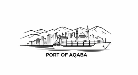 Naklejka premium Stylized illustration of a cargo ship in a harbor with city and mountains
