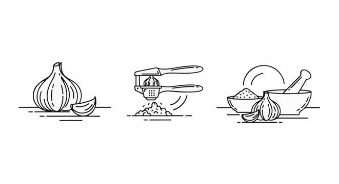 Line art icons show garlic preparation whole, minced, and ground