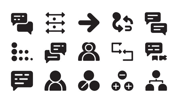 Collection of communication and user interaction icons in solid black vector for web elements.