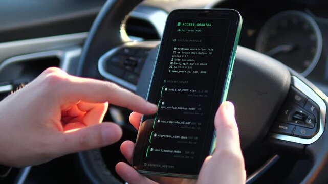 Dramatic digital hack inside a car. Smartphone screen displays leaked files and browser history. Great for crime thrillers, espionage scenes, and cybersecurity awareness campaigns. Cinematic tech