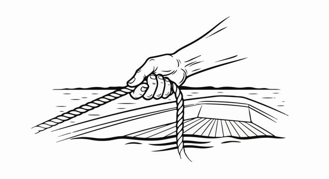 A hand pulls a rope attached to a boat on the water