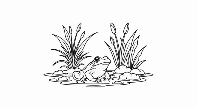 A stylized black and white line drawing of a frog sitting near reeds in a pond