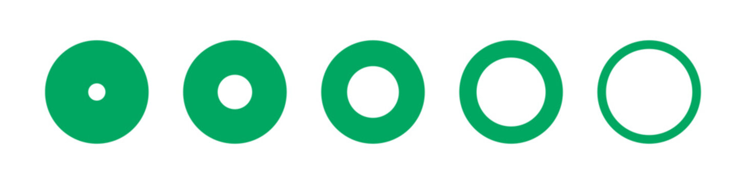 Donut charts, pies with one part. Wheels set. Green diagram infographic. Pie, pizza chart round icon layouts. Circle graphs. Loading bar mockup.