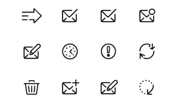Outline icons collection for digital communication and business including mail refresh and time symbols.
