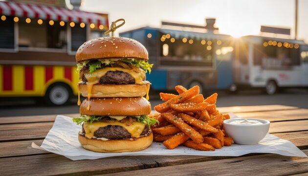 Double stacked cheeseburgers with sweet potato fries at a food truck festival, representing a popular urban dining and outdoor enjoyment concept during golden hour