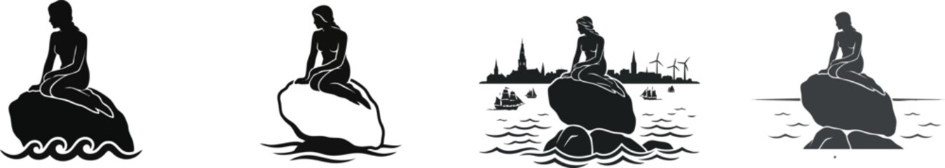 Naklejka premium Seaside statue silhouette of The Little Mermaid for Copenhagen travel and Danish fairy tale cultural icons, vector isolated on white