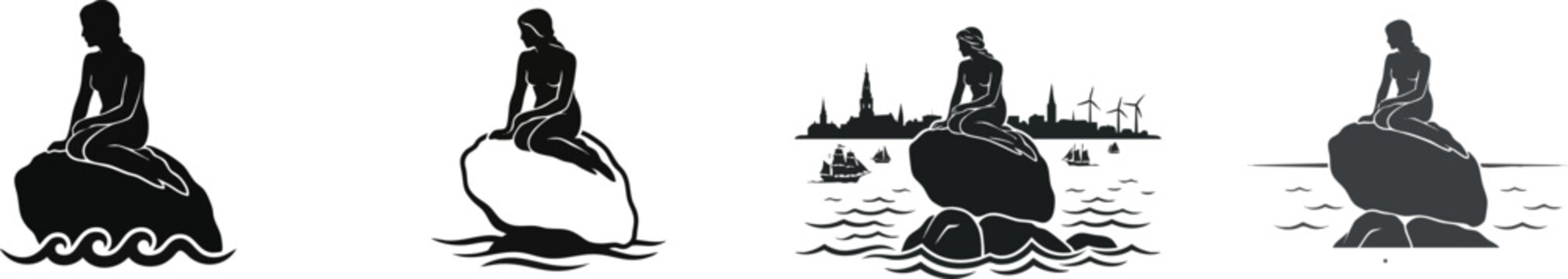 Seaside statue silhouette of The Little Mermaid for Copenhagen travel and Danish fairy tale cultural icons, vector isolated on white