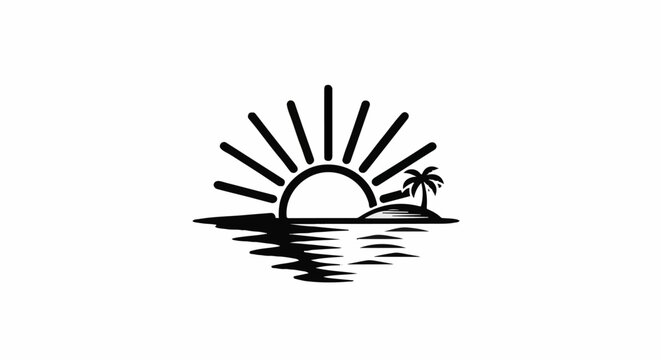 Stylized sun setting over an island with a single palm tree and water reflection