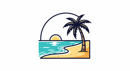 Obraz premium Stylized sunset over ocean waves with a lone palm tree on a sandy beach