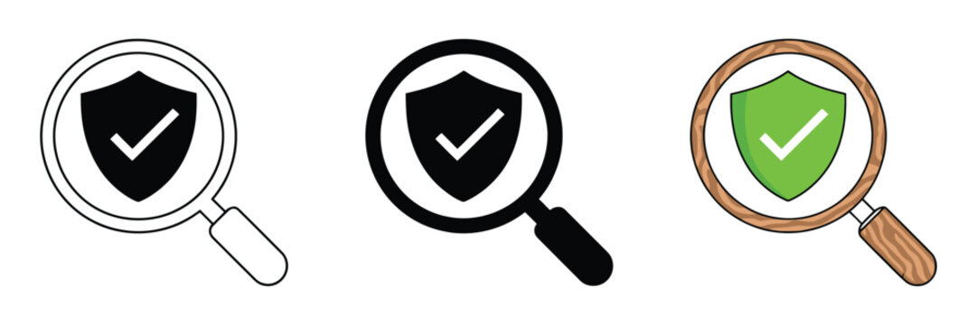 Magnifying glass shield check icon, security verification symbols, search protection graphics, audit validation concept, vector illustration