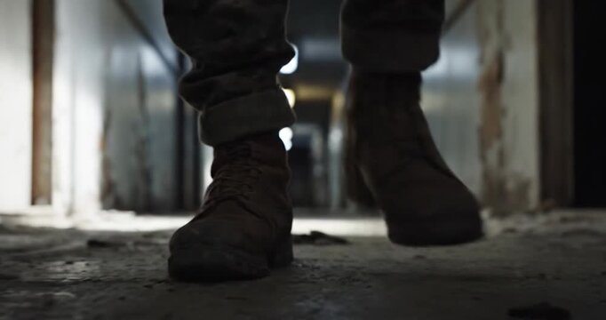 Soldier wearing combat boots walking down a dark hallway in a building.