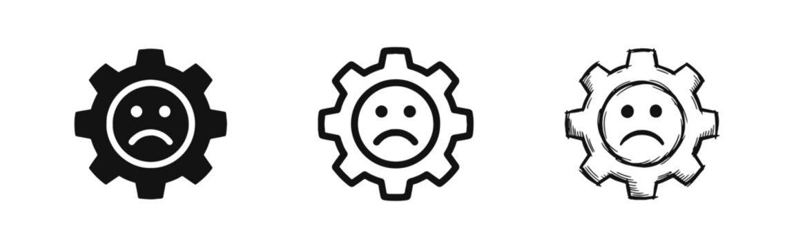 Gear with Sad Face Expression Icon Set - Error and System Failure Concept