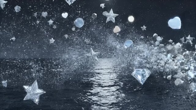 A swirling vortex of crystalline objects emerges from the dark ocean under a starry night sky.
