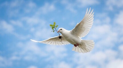 Obraz premium White dove flying with olive branch