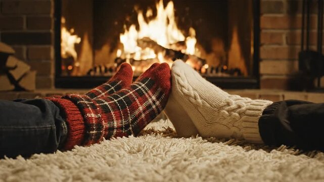 Couple playing footsie by warm fireplace on cozy rug indoors