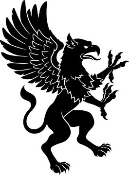 A stylised heraldry coat of arms crest style rearing griffin or gryphon standing on its hind legs