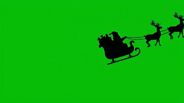 A silhouette of Santa Claus and his reindeer pulling a sleigh against a vibrant green screen background.