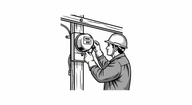 A technician in a hard hat works on an electrical meter attached to a pole