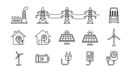 Fototapeta premium Collection of hand-drawn icons representing renewable energy sources and power infrastructure.